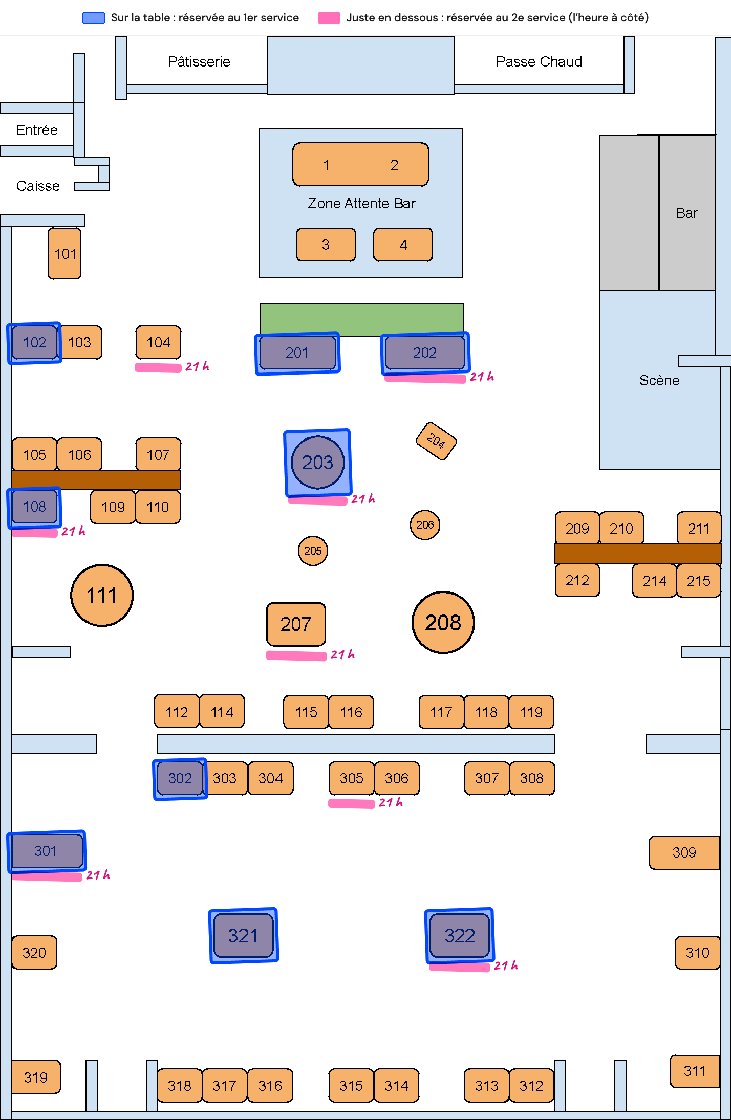 Plan de salle d’une de nos crêperies, imprimé et surligné : des tables surlignées en bleu, réservées au 1er service ; des tables avec un trait rose juste en dessous et l’heure, 21 h, réservées au 2e service ; certaines tables ont les deux.